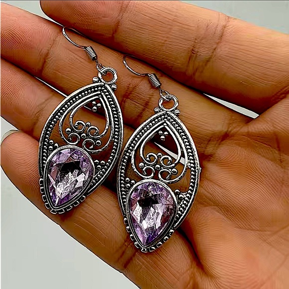 Silver Amethyst Hollow Out Vintage Dangle Boho Earrings - Picture 3 of 5